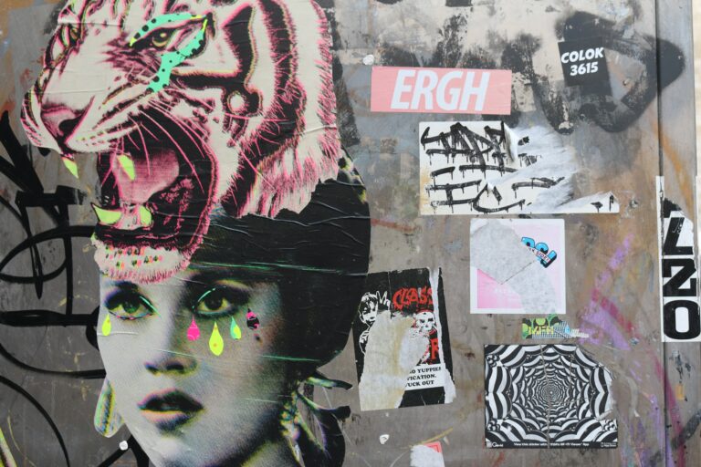 Graffitti collage of a woman with a tiger emerging from her skull; both are weeping neon tears.