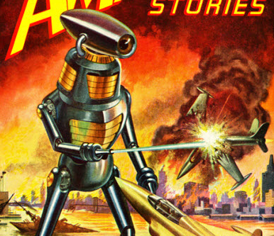 A robot shoots a plane down. An old Amazing Stories cover.