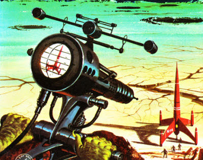 A sniper robot targets a rocket on the ground. Cover of Amazing Stories, May 1959.