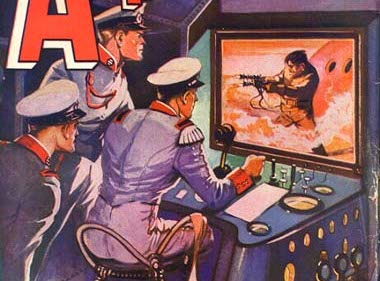 Three military men appeat to play a video game, but the man on the screen is a soldier they are fighting. Cover of Amazing Stories, 1936.