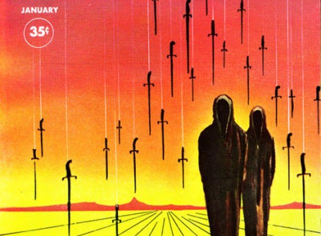 Two shadowy figures against an apocalyptic sunset are surrounded by falling knives. Cover of Amazing Stories, January 1960.