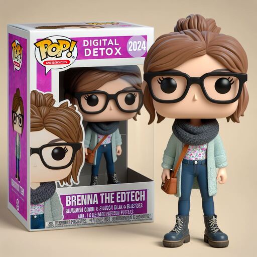 An AI-generated image of Brenna as a FunkoPop character complete with display box. She is wearing chunky glasses, a cardigan, and skinny jeans.